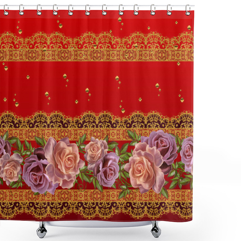 Personality  Horizontal Floral Border. Pattern, Seamless. Garland Of Delicate Pink Roses, Purple Flowers, Gold Lace, Openwork Weaving, Shiny Ornaments. Shower Curtains