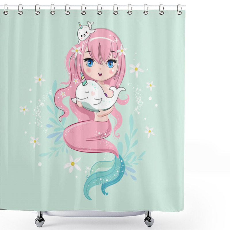 Personality  Beautiful Cartoon Mermaid And Whal In Kawaii Anime Style. Vector Illustration Art Isolated On A Blue Background. Print For Children's T-shirt Shower Curtains