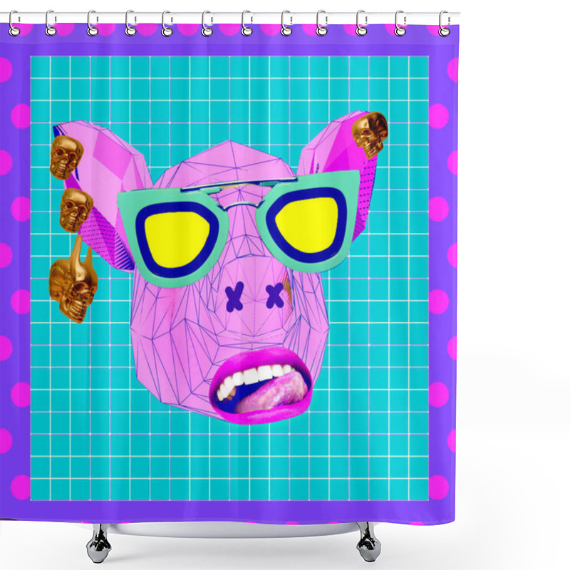 Personality  Contemporary Minimal Art Collage. Pink Piggy Vegan. Zine Culture Shower Curtains