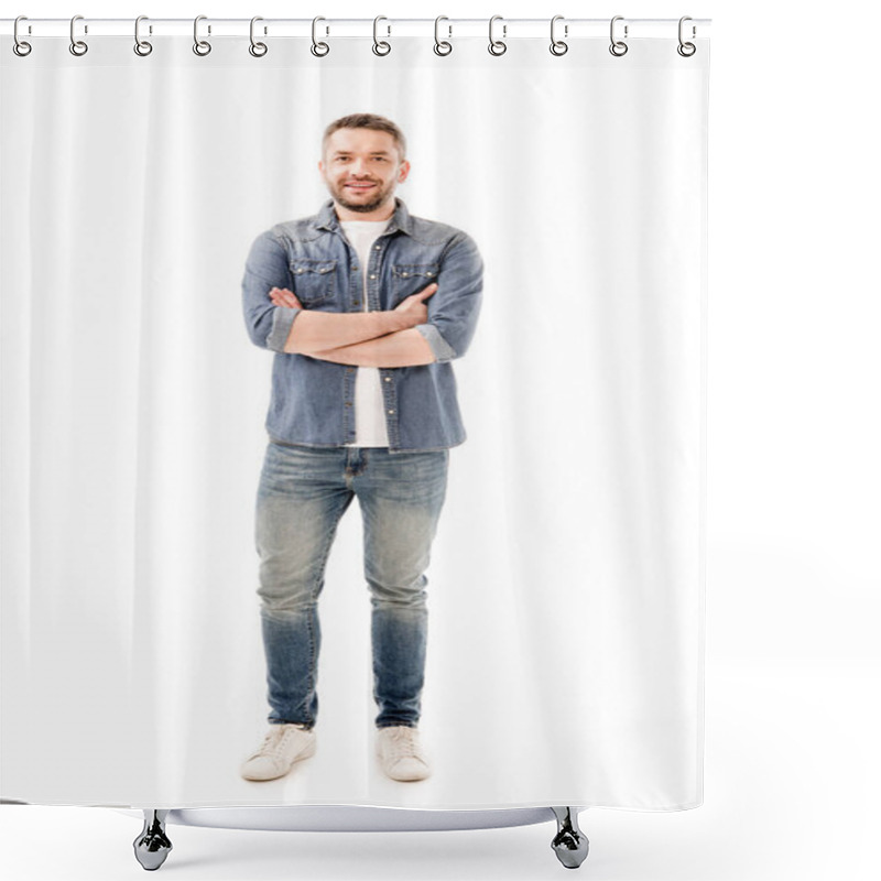 Personality  Full Length View Of Smiling Bearded Man In Jeans Standing With Crossed Arms Isolated On White Shower Curtains