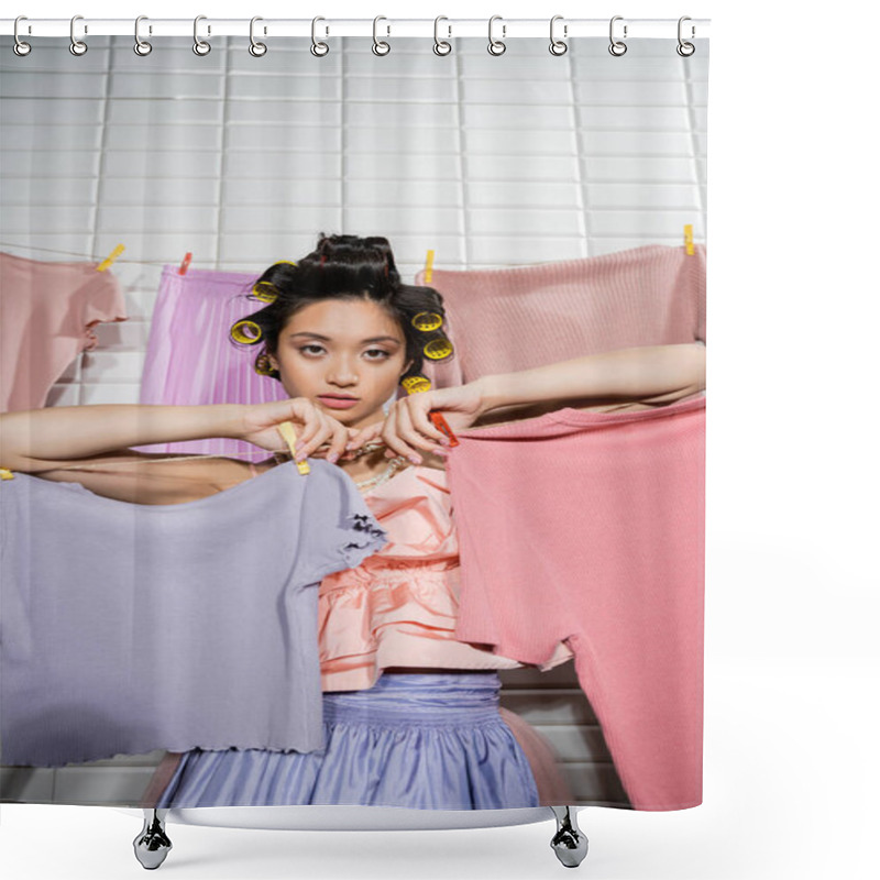 Personality  Young Asian Woman With Hair Curlers Posing In Ruffled Top And Pearl Necklace Near Clean And Wet Clothes Hanging In Laundry Room, Housework, Housewife, Looking At Camera, Domestic Responsibilities Shower Curtains