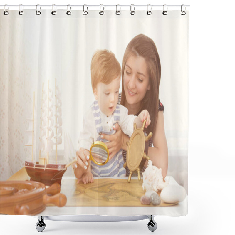 Personality  Mom And Child Making Model Ship. Concept Of Sea, Adventures And Travel. Shower Curtains