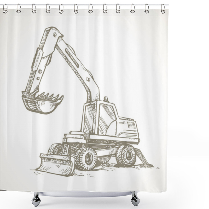 Personality  Utility Pneumatic Mini Cutcat Model With Dipper And Big Rubber Bus Isolated On White Background. Outline Hand Drawn Sign Icon Logo Pen On Paper. Side View On Space For Text On Quarry Grub Land Shower Curtains