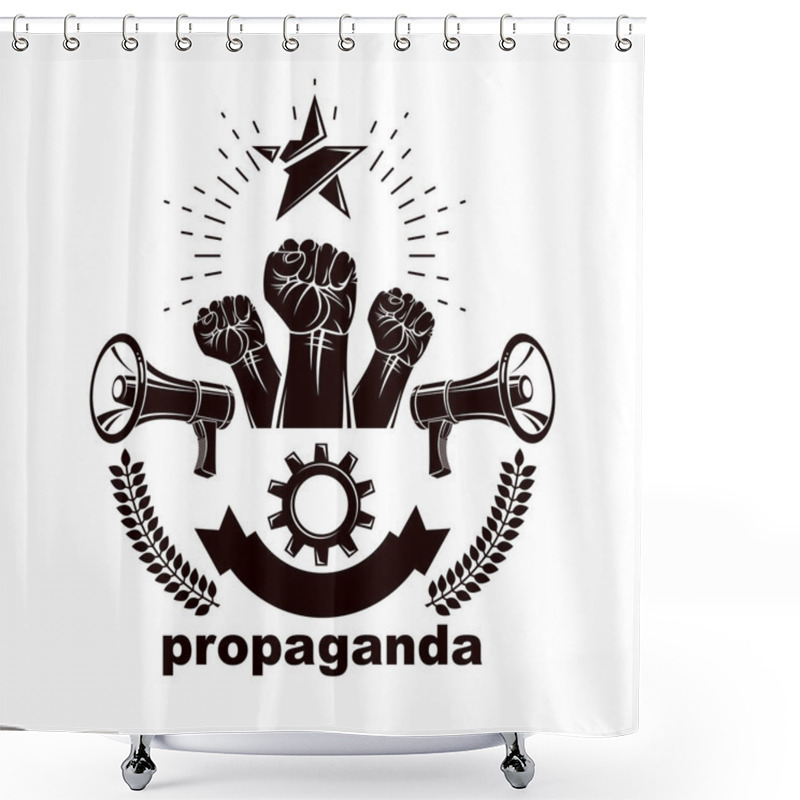 Personality  Vector Leaflet Created Using Clenched Fists Raised Up, Megaphones Equipment And Engineering Cog Wheel Element. Dictatorship And Manipulation Theme, Totalitarianism As The Evil Power.  Shower Curtains