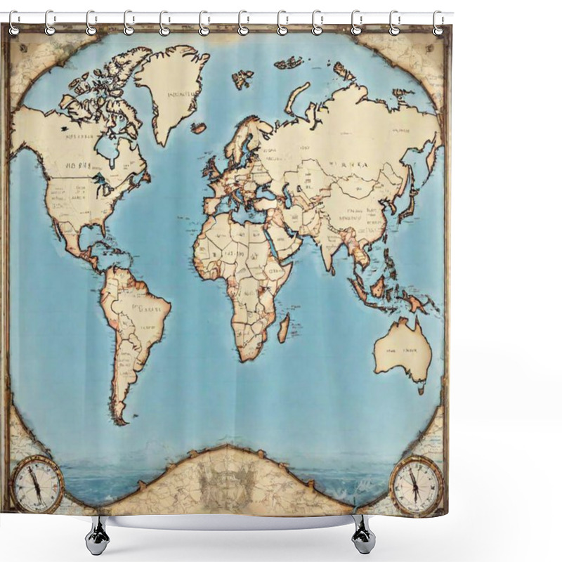 Personality  A High-resolution Digital Artwork Depicting An Intricately Detailed Antique World Map. The Map Showcases The Continents With Precise Topographical Details, Including Mountains, Rivers, And Oceans, Rendered In Soft Earthy Tones Of Browns, Greens, And Shower Curtains