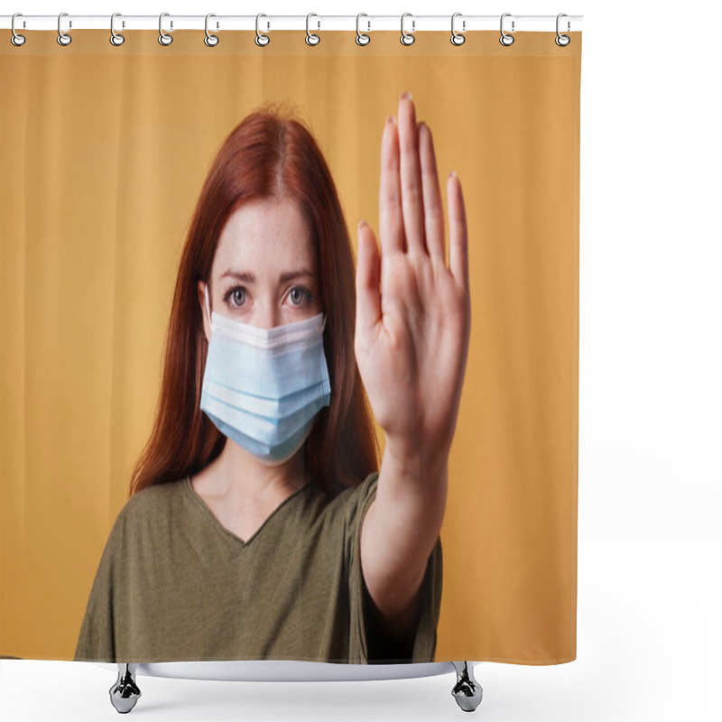 Personality  Young Woman Wearing Medical Face Mask Making Stop Hand Gesture Shower Curtains