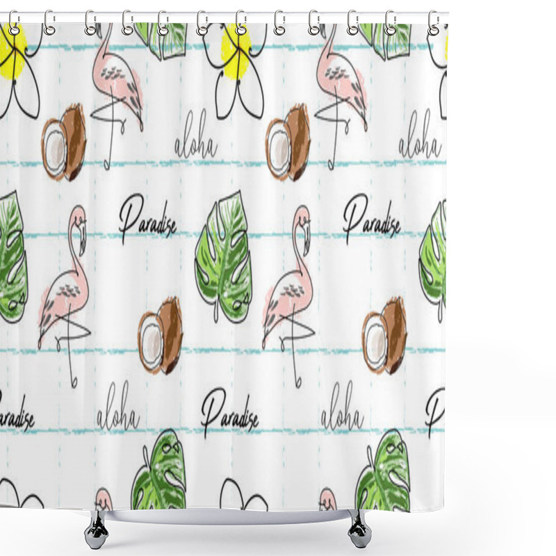 Personality  Tropical Seamless Pattern With Cute Hand Drawn Doodle Animals, Fruits, Exotic Plants And Flowers. Cartoon Summer Background Shower Curtains