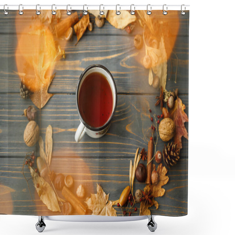 Personality  Vintage Metal Mug With Tea And Autumn Wreath Made Of Leaves, Berries, Acorns And Pine Cones On Dark Wooden Background With Warm Lights. Hello Fall! Rustic Autumn Image Shower Curtains