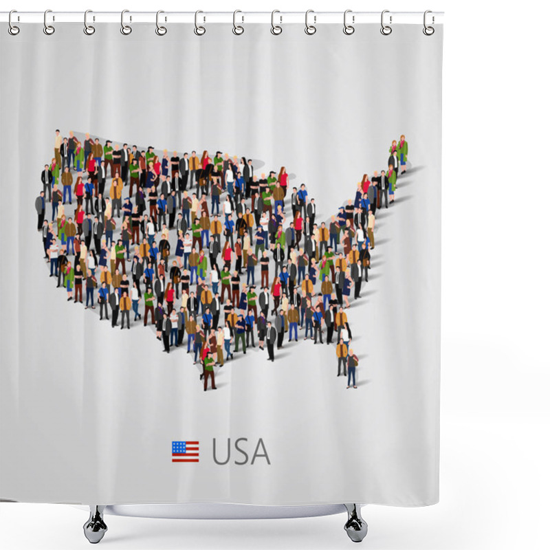 Personality  Large Group Of People In United States Of America Or USA Map With Infographics Elements. Shower Curtains