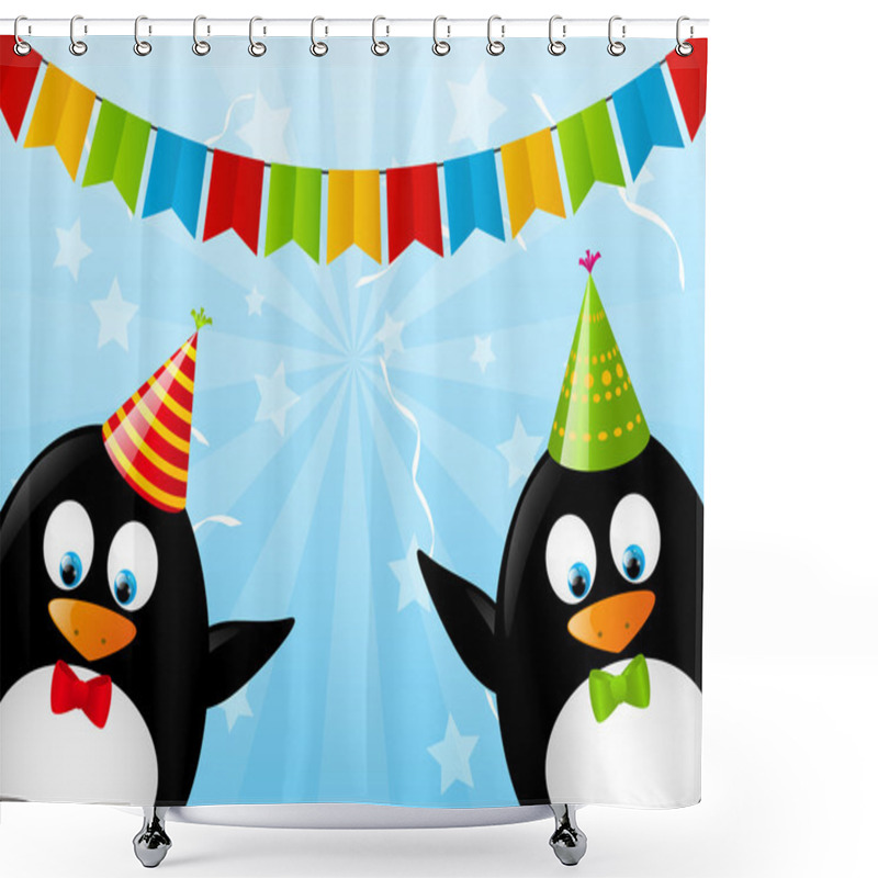 Personality  Funny Penguins With Party Flags Shower Curtains