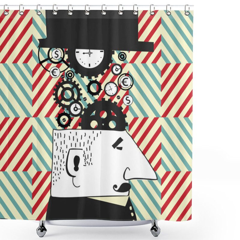 Personality  Vector Background With Graphic Men And Clocks.Clockmaker. Concept Vector Illustration. Modern Technological Solutions.The Concept Of Learning, Research And Discovery. Shower Curtains