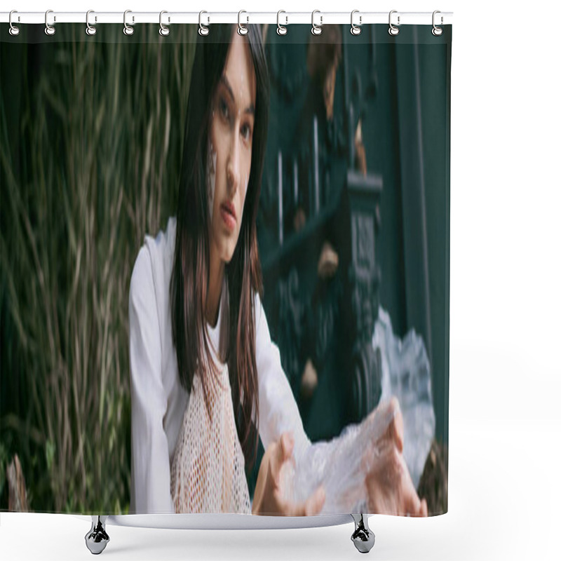 Personality  A Woman Poses In A Swamp Surrounded By Plastic Garbage. Shower Curtains