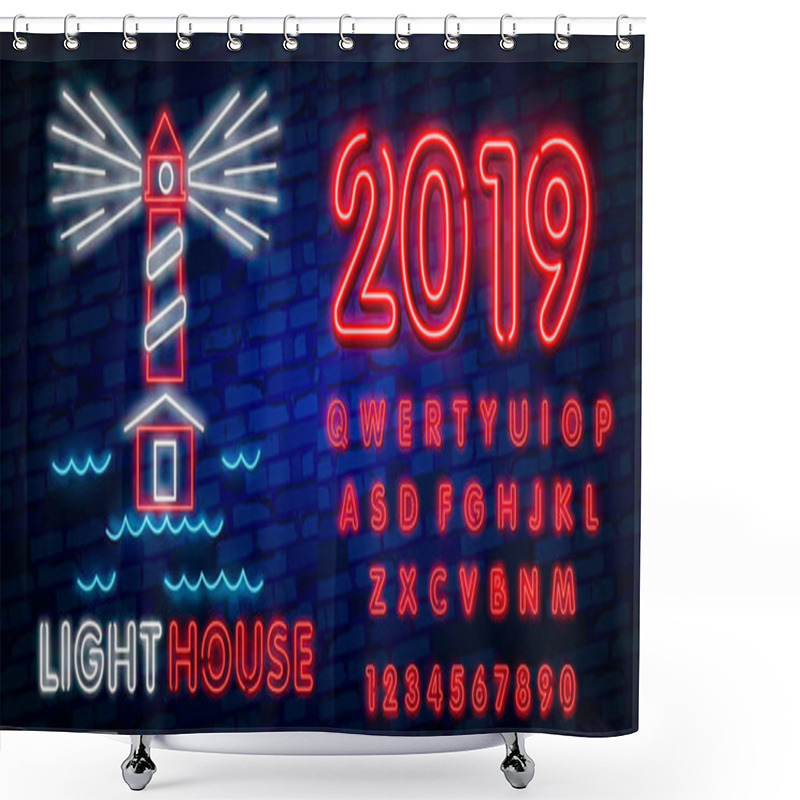 Personality  Lighthouse Neon Sign. Lighthouse Logo In Neon Style, Symbol, Design Template For Nightclub, Night Party Advertising, Discos. Neon Banner. Vector Illustration. Editing Text Neon Sign Shower Curtains