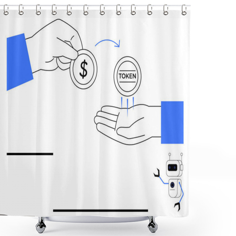 Personality  Hand Giving A Dollar Coin To Receive A Token, Representing Digital Exchange. Robot Indicates Technology, Blockchain, And Automation. Ideal For Finance, Crypto, AI, Tokenization Fintech Modern Shower Curtains