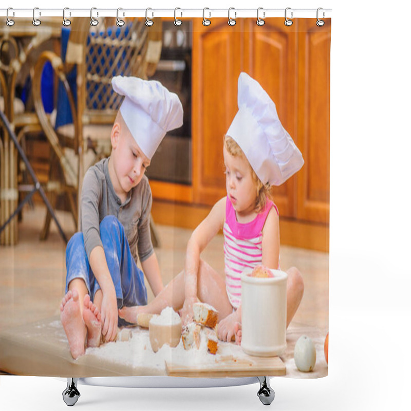 Personality  Two siblings - boy and girl - in chef's hats sitting on the kitc shower curtains