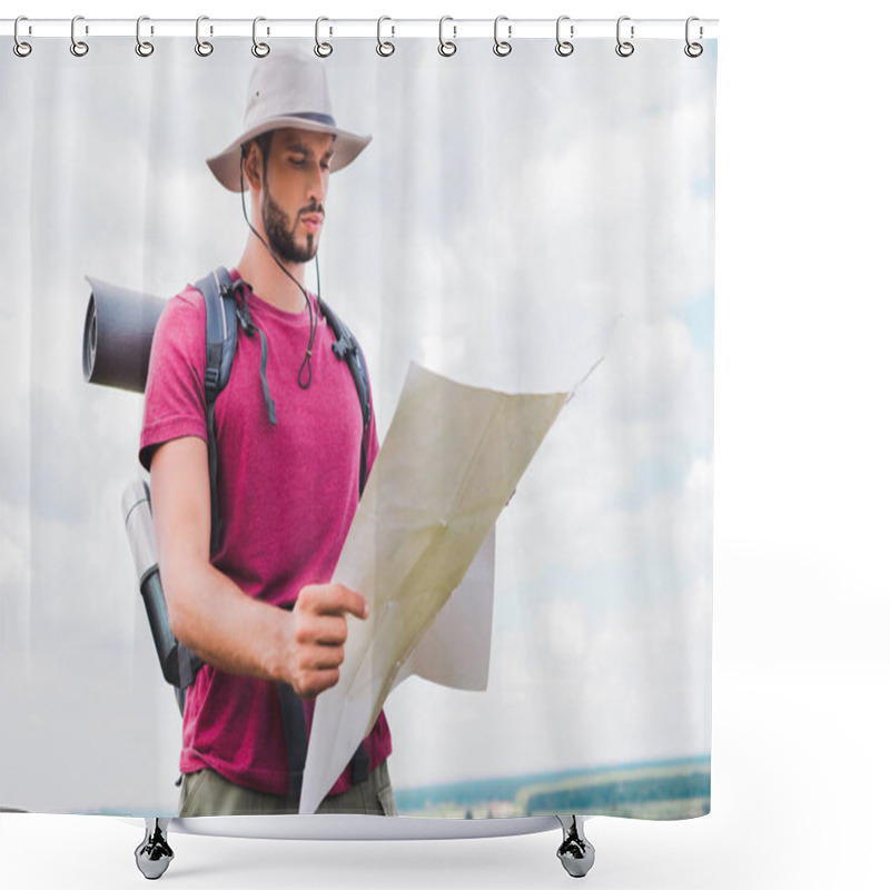 Personality  Handsome Hiker In Hat With Backpack Looking At Map Shower Curtains