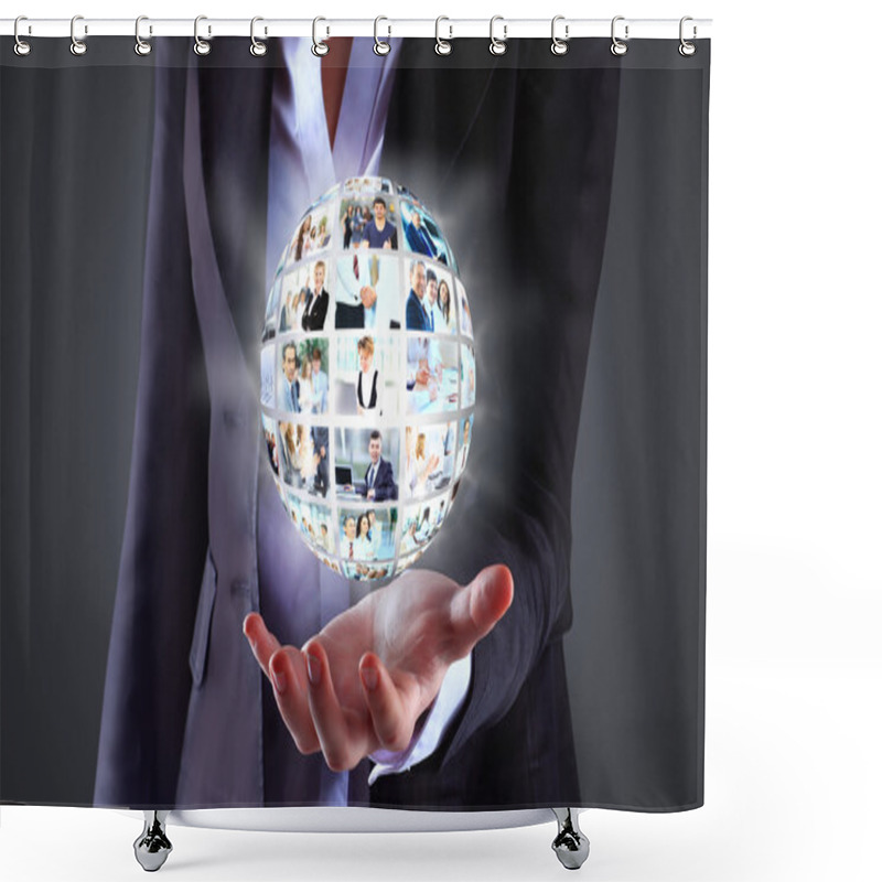 Personality  Business Woman Holding A Ball Of People On A Dark Background Shower Curtains