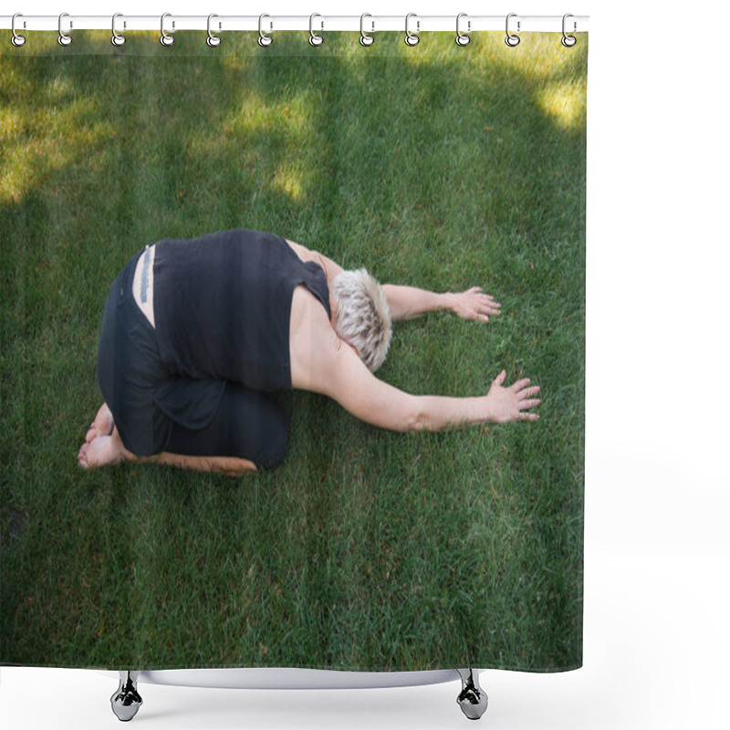 Personality  High Angle View Of Woman Practicing Yoga In Extended Child Pose (Utthita Balasana) On Grass In Park Shower Curtains