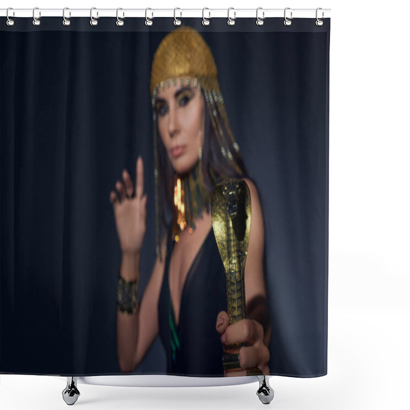 Personality  Blurred Woman In Egyptian Look Holding Crook In Snake Shape While Standing On Blue Background Shower Curtains