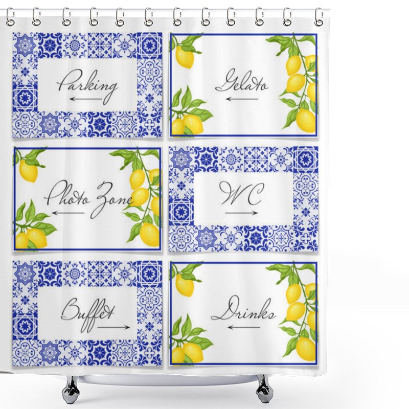 Personality  Blue Tiles And Lemon Wedding Signposts, Mediterranean Bridal Shower Road Signs, Lemon Direction Pointer Signs. Themed Amalfi Coast Party Decoration. Vector Illustration. Shower Curtains