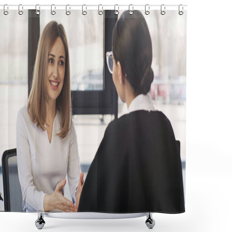 Personality  Smiling Woman Talking To Brunette Businesswoman During Job Interview Shower Curtains