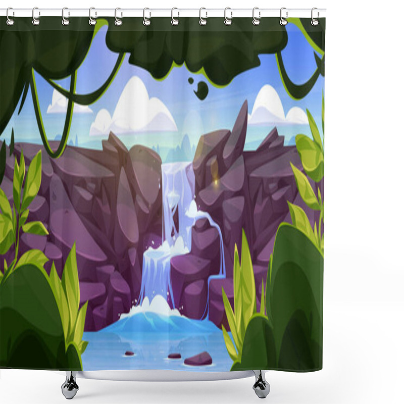 Personality  Summer Tropical Landscape With Cascade Waterfall In Jungle With Green Trees, Bushes And Liana Vines On Shore. Cartoon Vector Rainforest Scenery With River Water Fountain Flowing On Rock Cliff. Shower Curtains