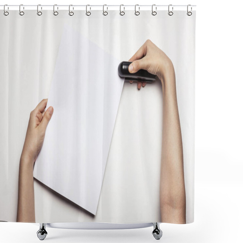 Personality  Woman Hand Doing A Job With Business Stapler Shower Curtains