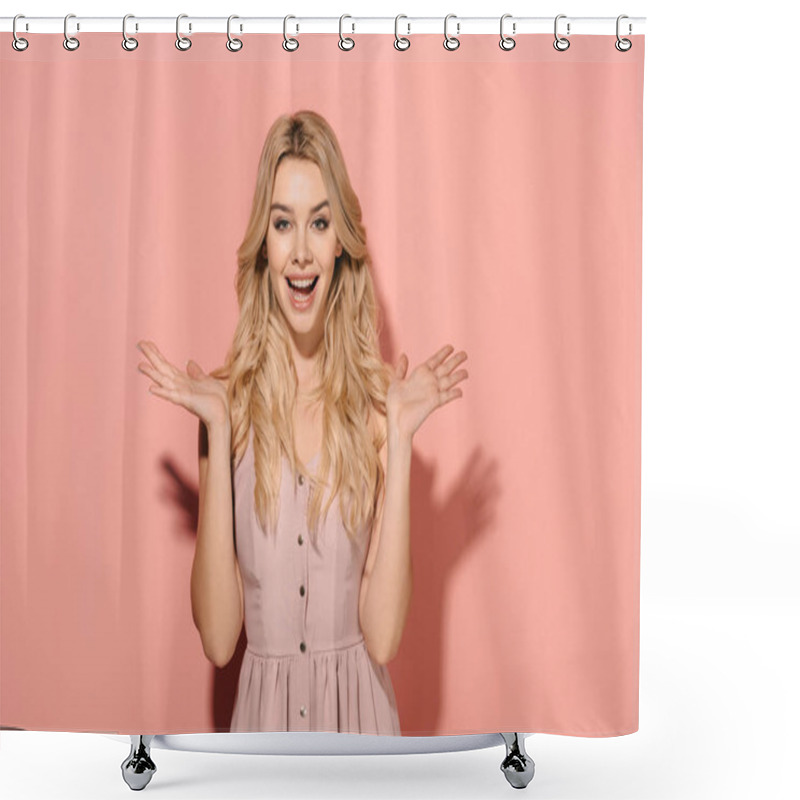 Personality  Attractive And Blonde Woman In Pink Dress With Outstretched Hands Looking At Camera  Shower Curtains