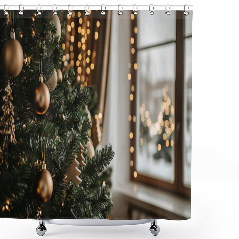 Personality  Christmas Ornaments Hanging On A Tree Near A Window, With Natural Light Enhancing The Holiday Mood. Generated With AI Shower Curtains