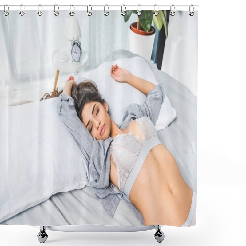 Personality  Young Woman In Lingerie On Bed Shower Curtains