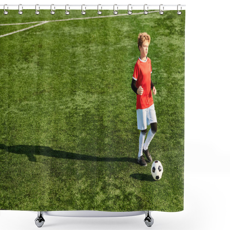 Personality  A Young Boy In A Vibrant Red Shirt Energetically Kicks A Soccer Ball, Displaying His Passion For The Sport. His Focused Gaze And Poised Stance Show His Dedication To The Game. Shower Curtains