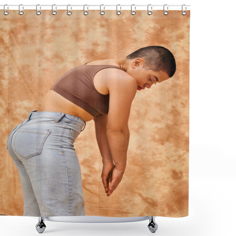 Personality  Body Positivity, Denim Fashion, Curvy And Tattooed Woman In Jeans And Crop Top Standing On Mottled Beige Background, Casual Attire Denim Fashion,  Self-acceptance, Generation Z, Body Diversity  Shower Curtains