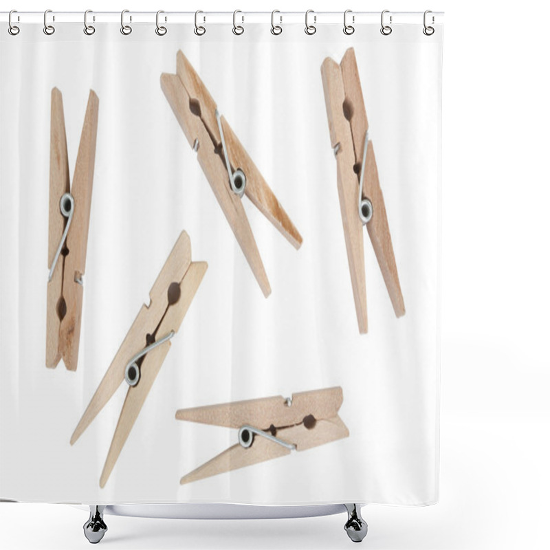 Personality  Wooden Clothes Pin Isolated On White Background Shower Curtains