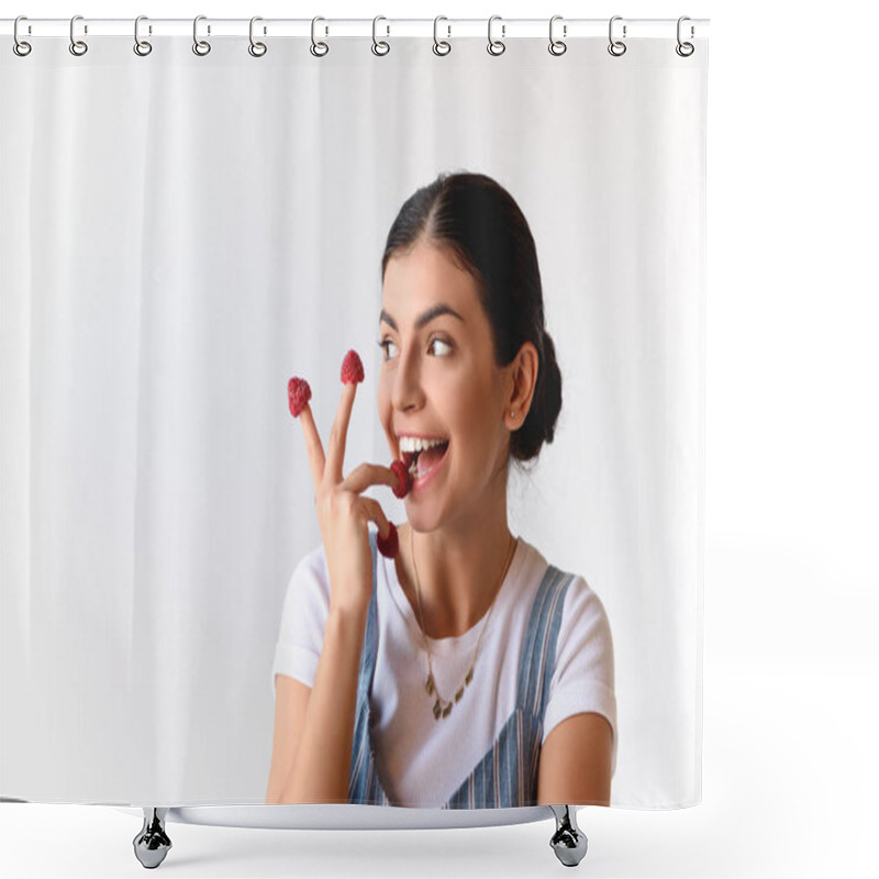 Personality  Woman With Raspberries On Fingers Shower Curtains