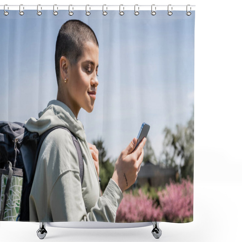 Personality  Young Tattooed And Short Haired Female Tourist With Map In Backpack Using Smartphone While Hiking With Blurred Nature And Blue Sky At Background, Exploring New Horizons, Translation Of Tattoo: Love Shower Curtains