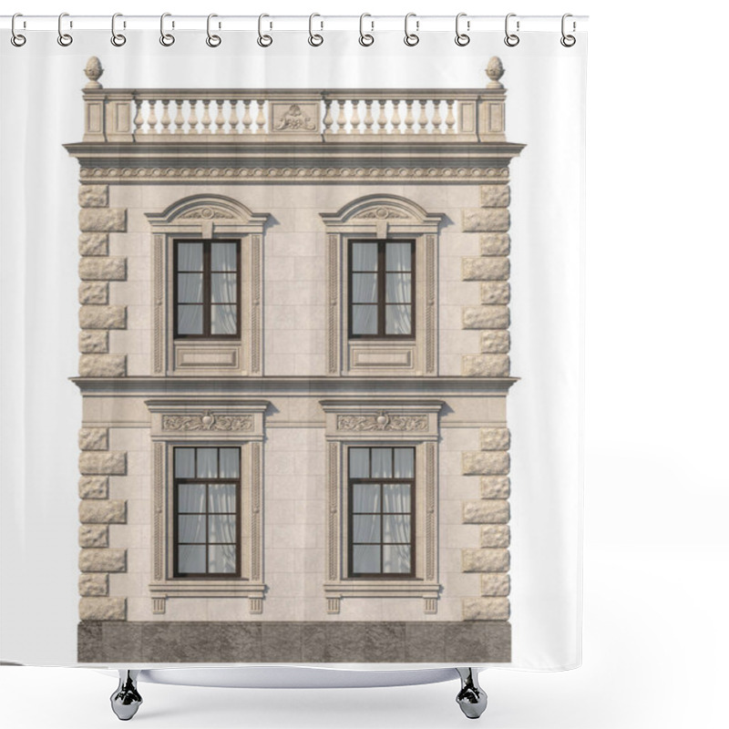 Personality  House In A Classic Style With A Stone Fasade In Beige Tones. 3d Rendering Shower Curtains