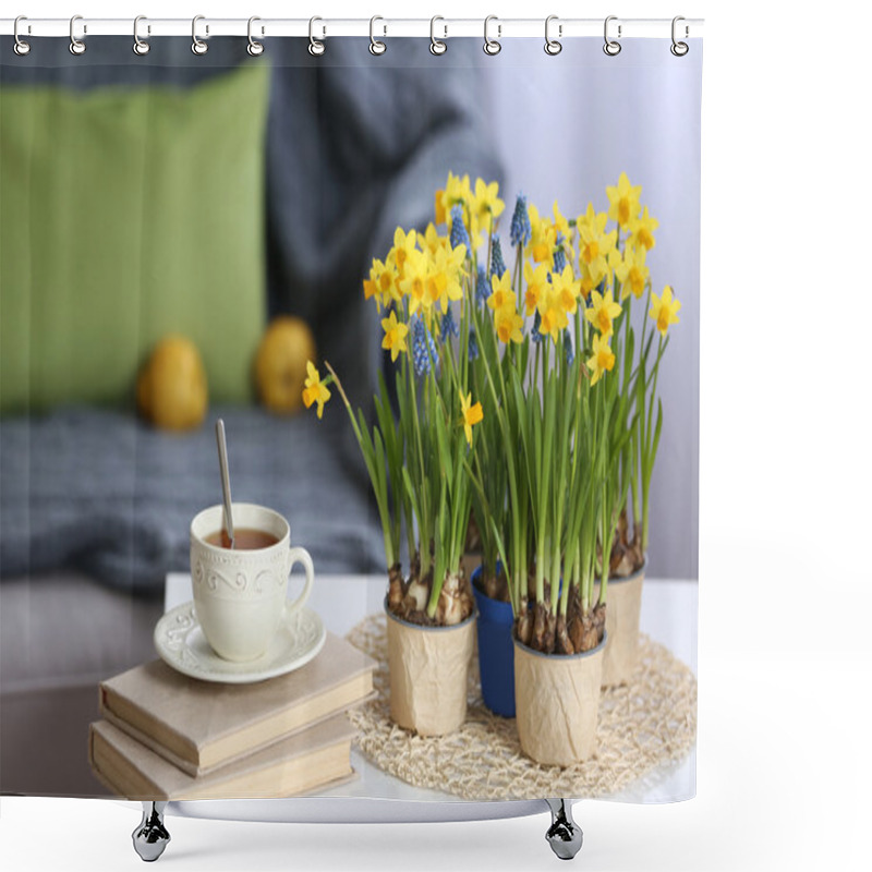 Personality  Narcissus Flowers With Books And Cup Shower Curtains