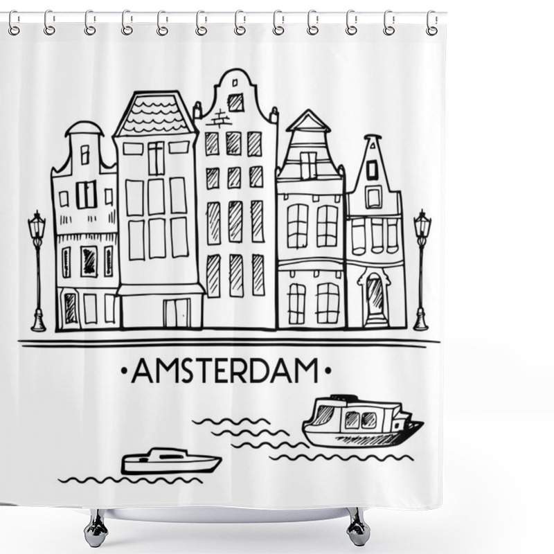 Personality  Background With Hand Drawn Doodle Amsterdam Houses. Isolated Black And White. Illustration Vector. Shower Curtains