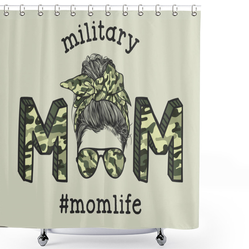 Personality  Mom Life With Messy Bun Hairstyle With Camo Headband And Glasses Hand Drawn Vector Illustration Shower Curtains