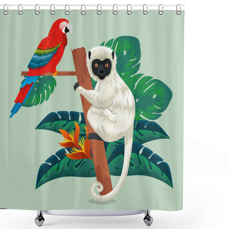 Personality  Parrot And Lemur Animals With Exotic Leaves Shower Curtains