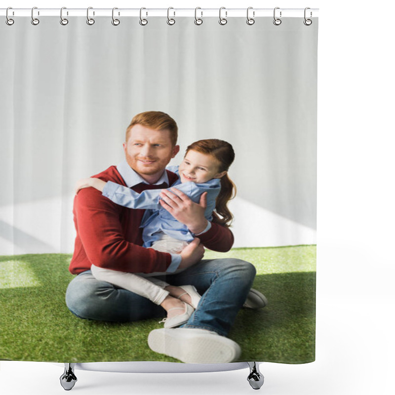 Personality  Happy Father And Daughter Hugging And Looking Away While Sitting On Grass Shower Curtains