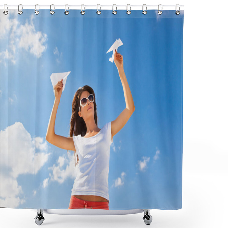 Personality  Young Caucasian Girl With Two Paper Planes Shower Curtains