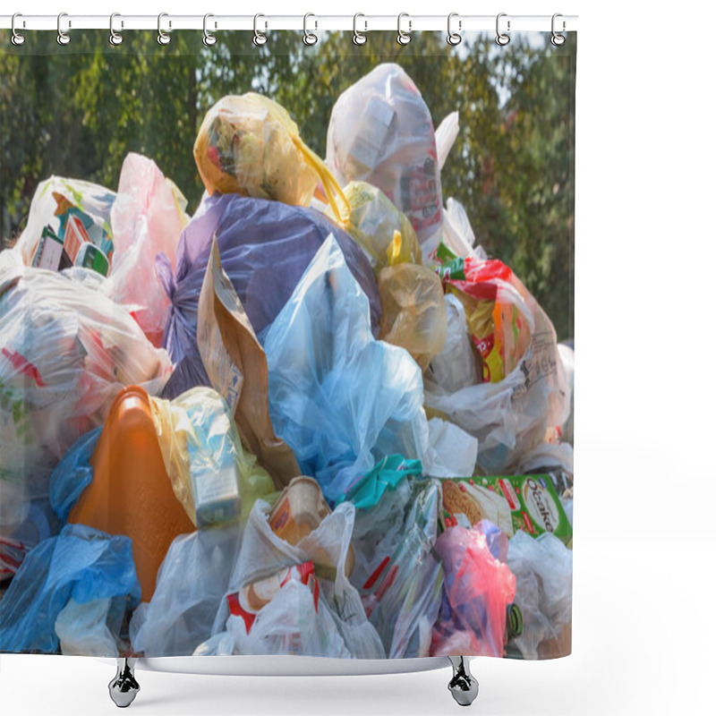 Personality  NOVI SAD, SERBIA - AUGUST 18, 2018: Municipal Solid Waste Or Communal Garbage Is Overflowing Containers In Novi Sad During Weekends, Illustrative Editorial Shower Curtains