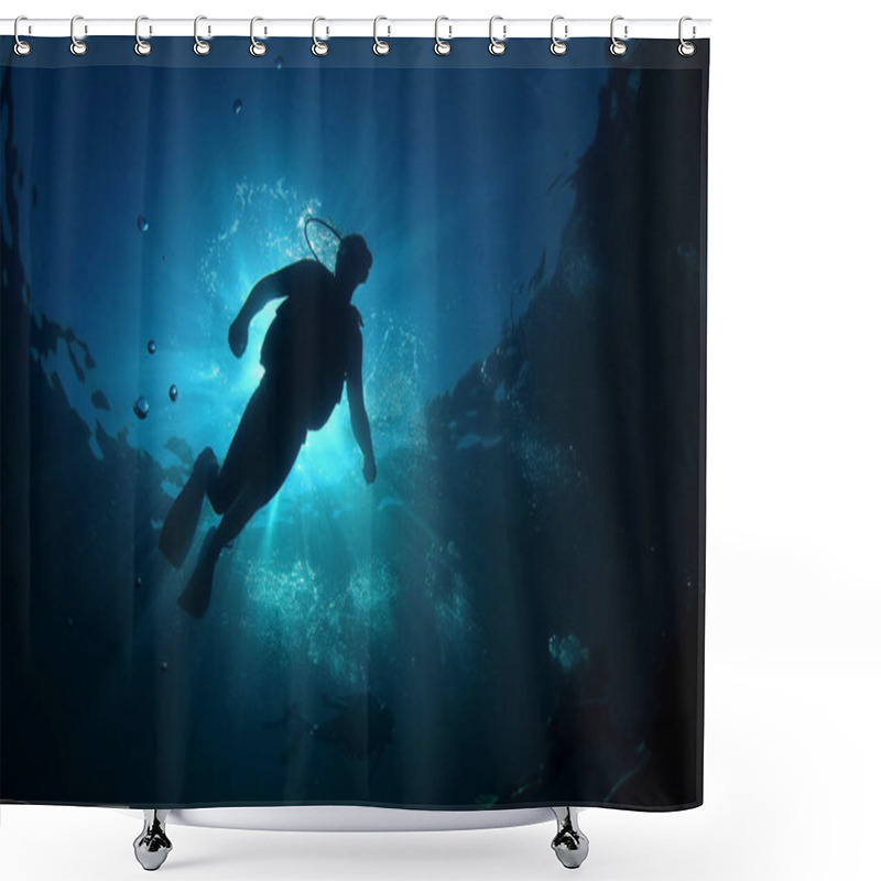 Personality  Underwater Photo Of Diver In The Depth Of Blue Sea Shower Curtains