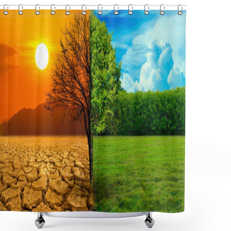 Personality  The Screen Separates The Drought And The Complete Forest Where The Wildlife Is Living. Global Warming Concept Shower Curtains