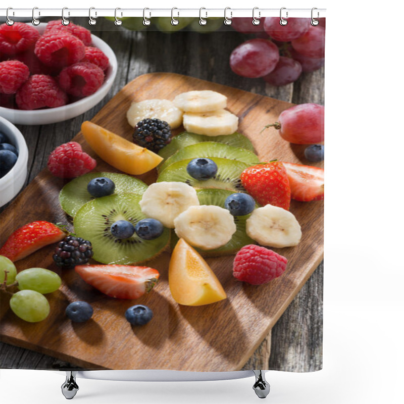 Personality  Ingredients For Fruit Salad On Wooden Board, Vertical, Close-up Shower Curtains