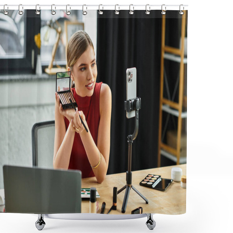 Personality  Young Woman Engages With Her Audience As She Presents Beauty Products On Her Smartphone. Shower Curtains