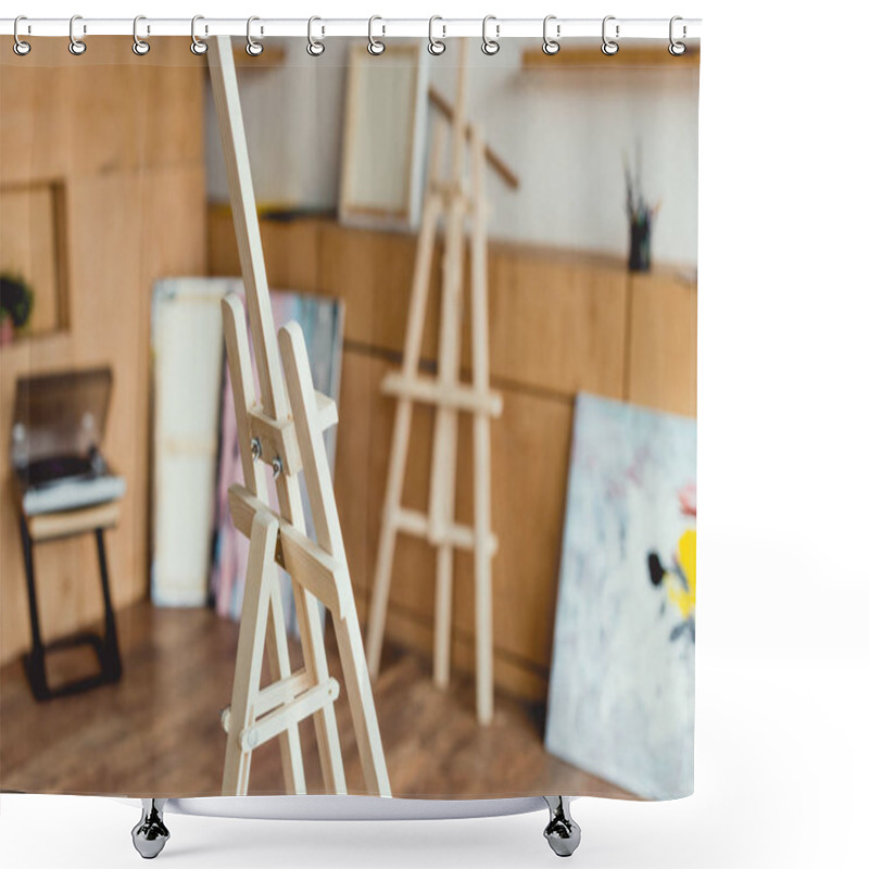 Personality  Selective Focus Of Wooden Easel In Painting Studio Shower Curtains