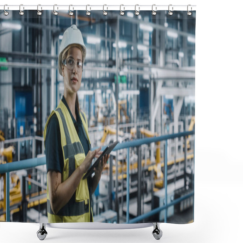 Personality  Female Car Factory Engineer In High Visibility Vest Using Laptop Computer. Automotive Industrial Manufacturing Facility Working On Vehicle Production With Robotic Arms. Automated Assembly Plant. Shower Curtains