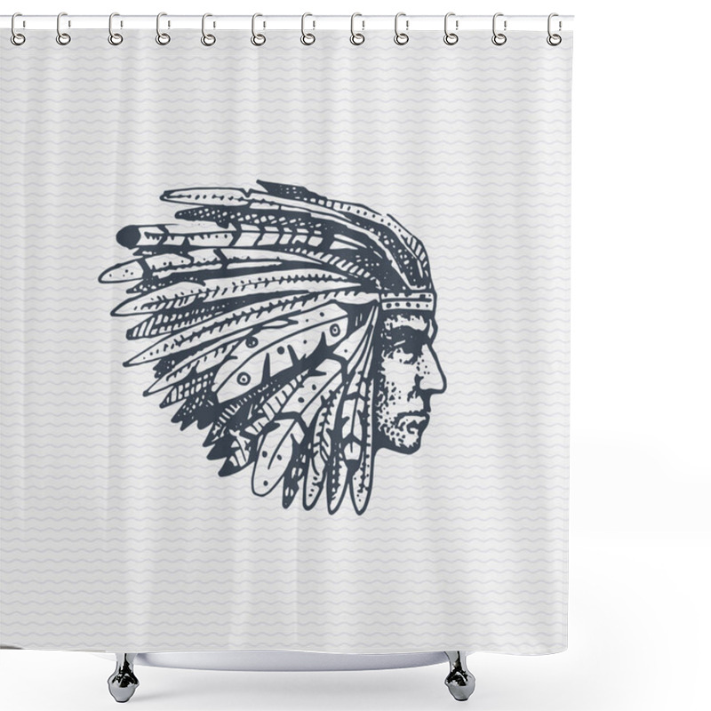 Personality  Vintage Old Logo Or Badge, Label Engraved And Old Hand Drawn Style With Indian Face, Native American With Feathers In Hair Shower Curtains